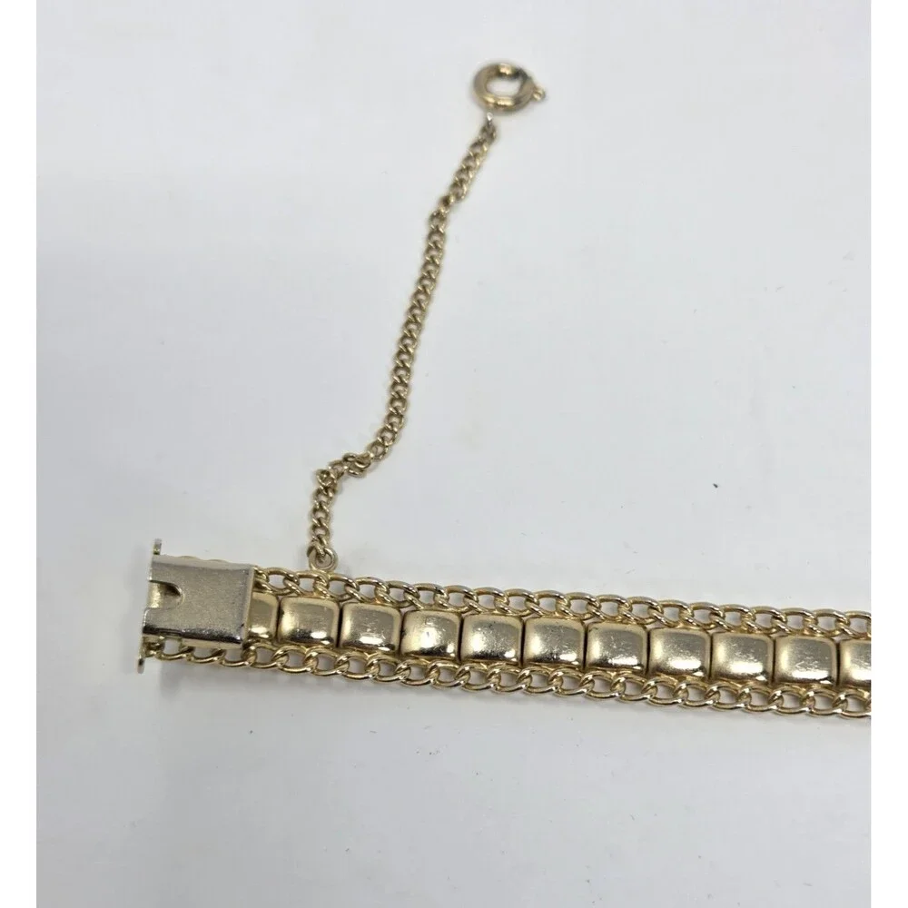 Vintage Gold Tone Diamond Cut Link Bracelet Box Clasp Safety Chain Mid Century